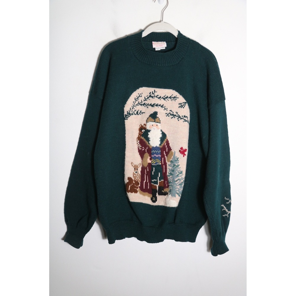 Vintage Oversized Christmas Sweater XL Green Embroidered Novelty Santa Animal